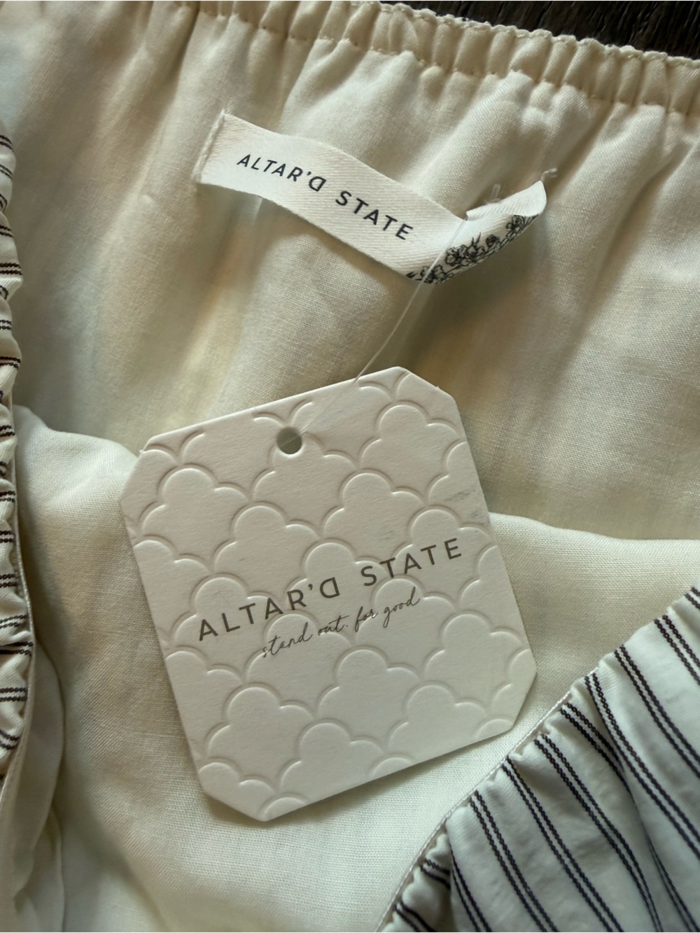 NWT Altar’d State Strapless Smocked Dress in Ivory with brown Stripe Size Small - Picture 12 of 14